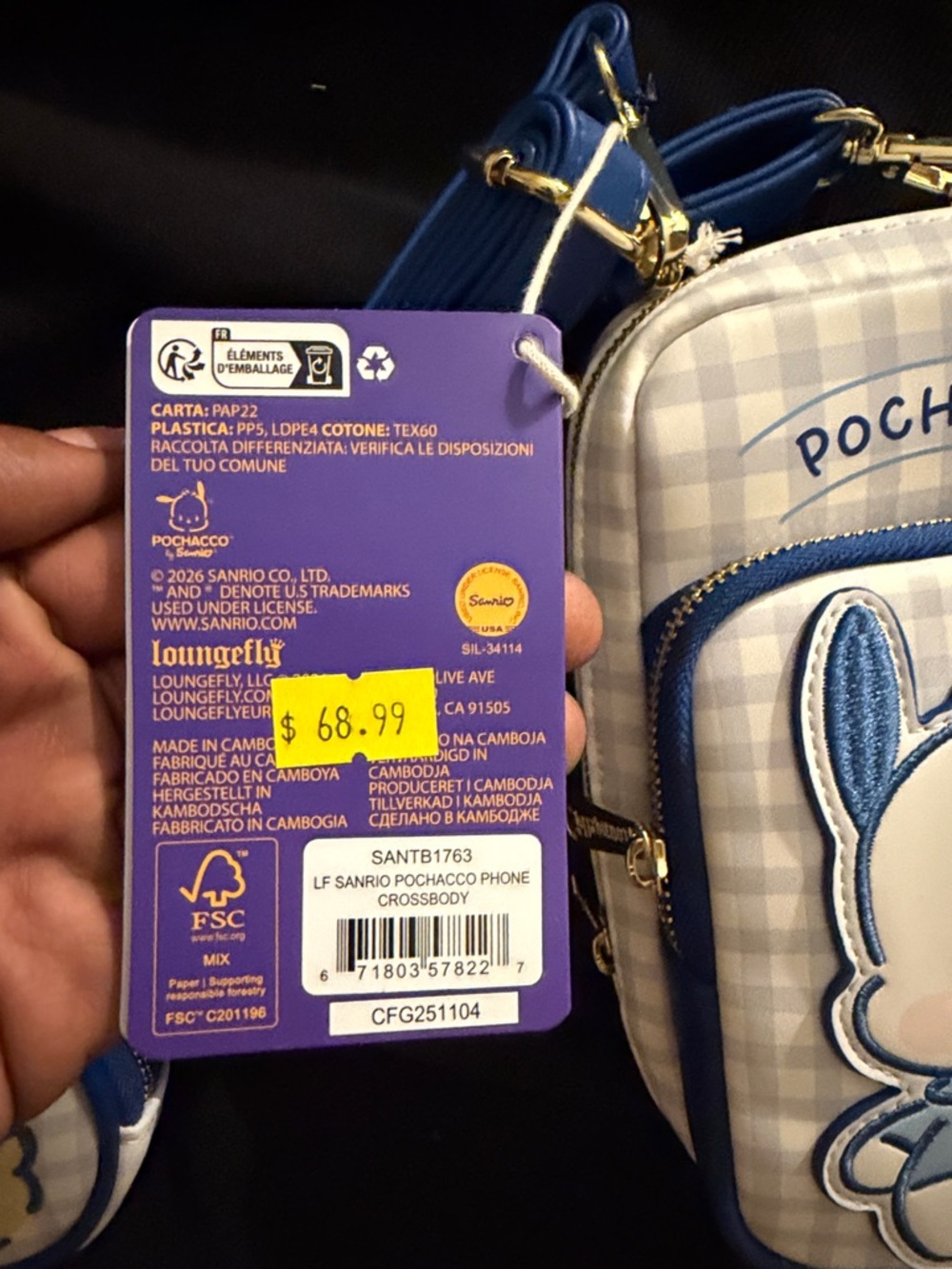 Loungefly Pochacco Blue and Cream Gingham Crossbody with Coin Pouch - Picture 4 of 5
